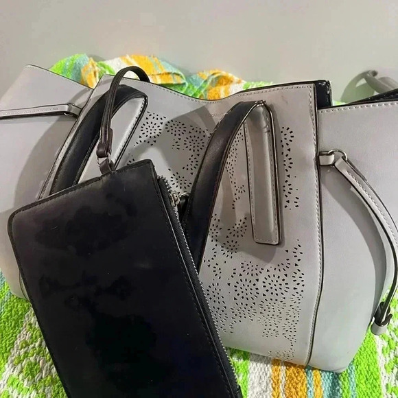 Beautiful faux leather laser cut tote with attached inside bag GUC - Picture 6 of 7